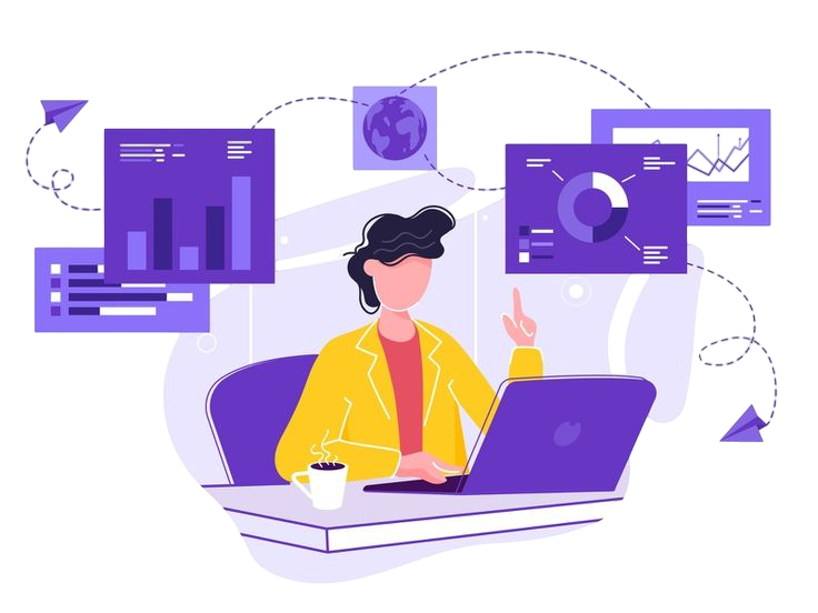 Ilustración de analista de datos trabajando en laptop con gráficos y estadísticas digitales – Desarrollo web y dashboards por BCP Consulting